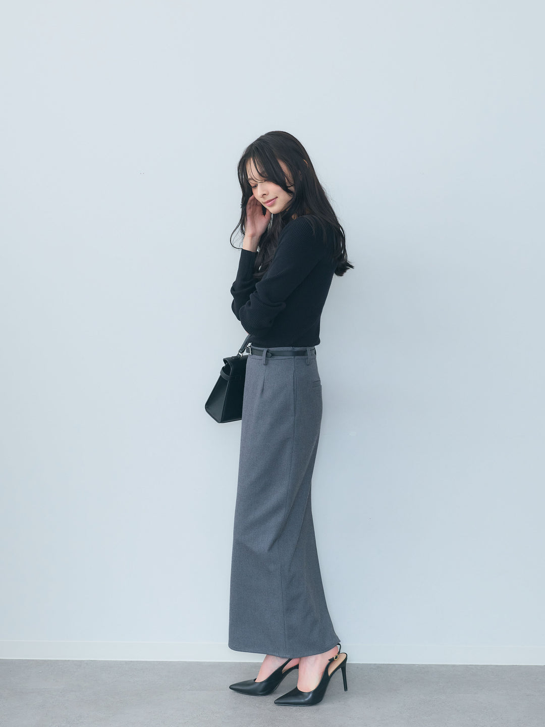 【SET】スクエアネックリブニットトップス+【Essential】Authentic wool like pencil skirt(2set)