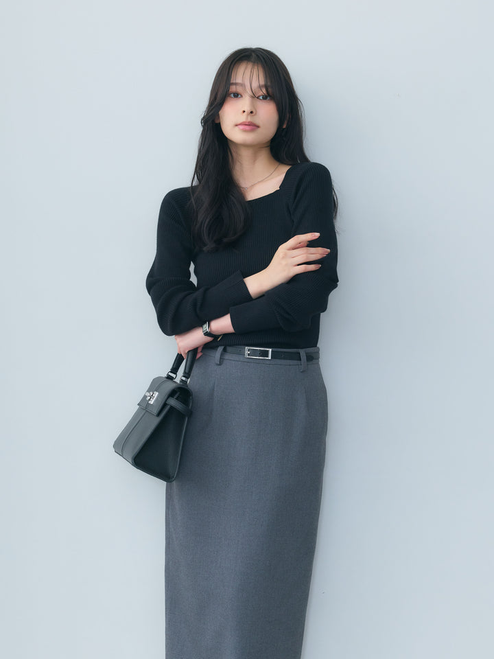 【SET】スクエアネックリブニットトップス+【Essential】Authentic wool like pencil skirt(2set)
