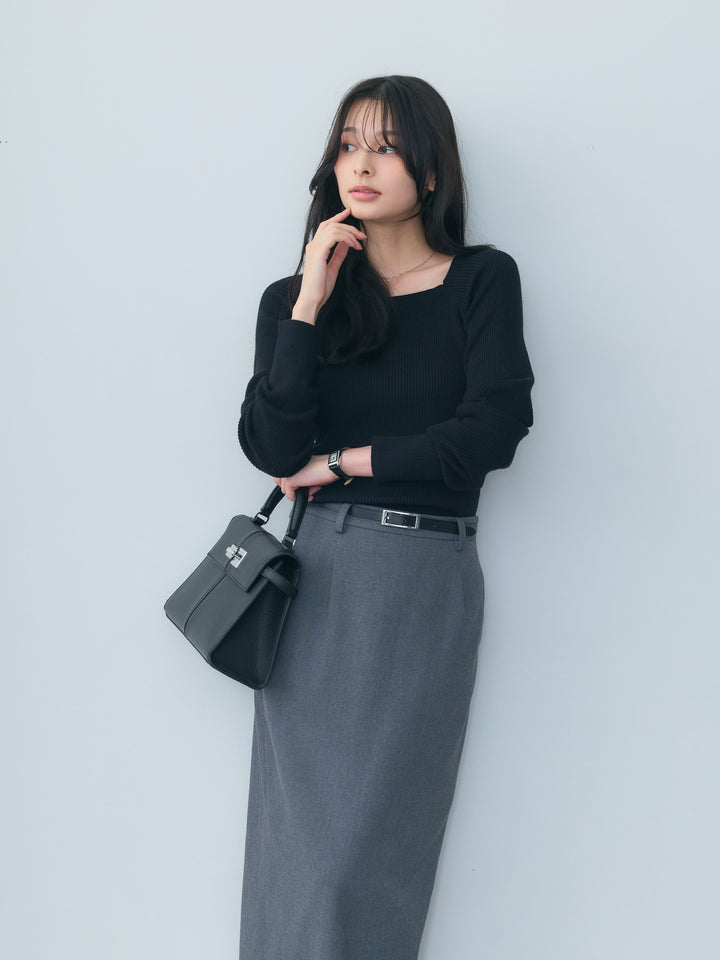 【SET】スクエアネックリブニットトップス+【Essential】Authentic wool like pencil skirt(2set)