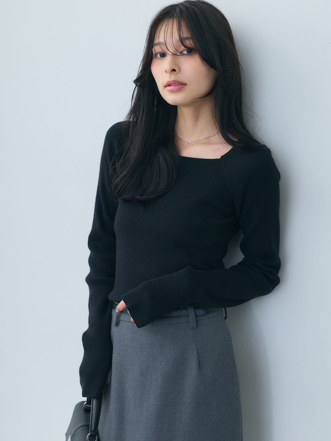【SET】スクエアネックリブニットトップス+【Essential】Authentic wool like pencil skirt(2set)