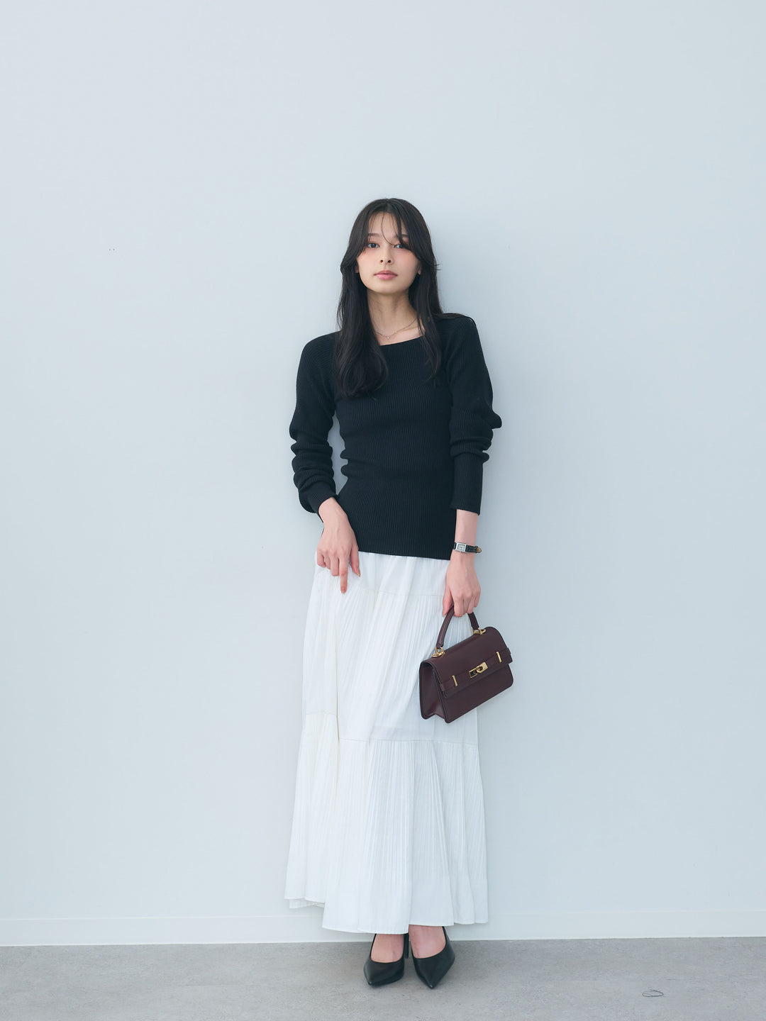 【SET】スクエアネックリブニットトップス+【Essential】Soft sheen tiered flare skirt(2set)