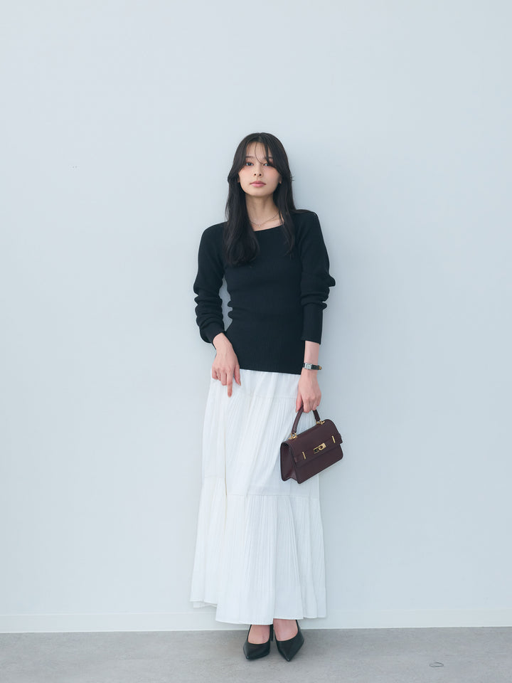 【SET】スクエアネックリブニットトップス+【Essential】Soft sheen tiered flare skirt(2set)