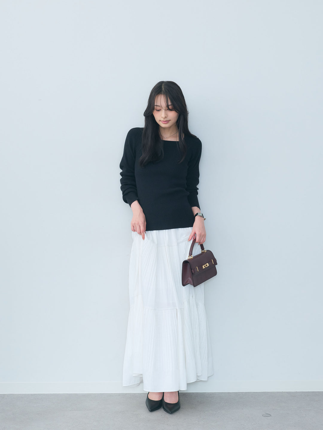 【SET】スクエアネックリブニットトップス+【Essential】Soft sheen tiered flare skirt(2set)