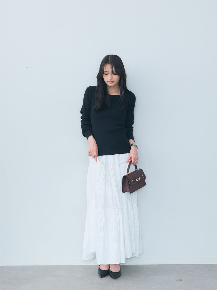 【SET】スクエアネックリブニットトップス+【Essential】Soft sheen tiered flare skirt(2set)