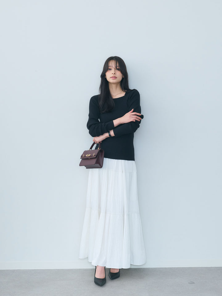 【SET】スクエアネックリブニットトップス+【Essential】Soft sheen tiered flare skirt(2set)