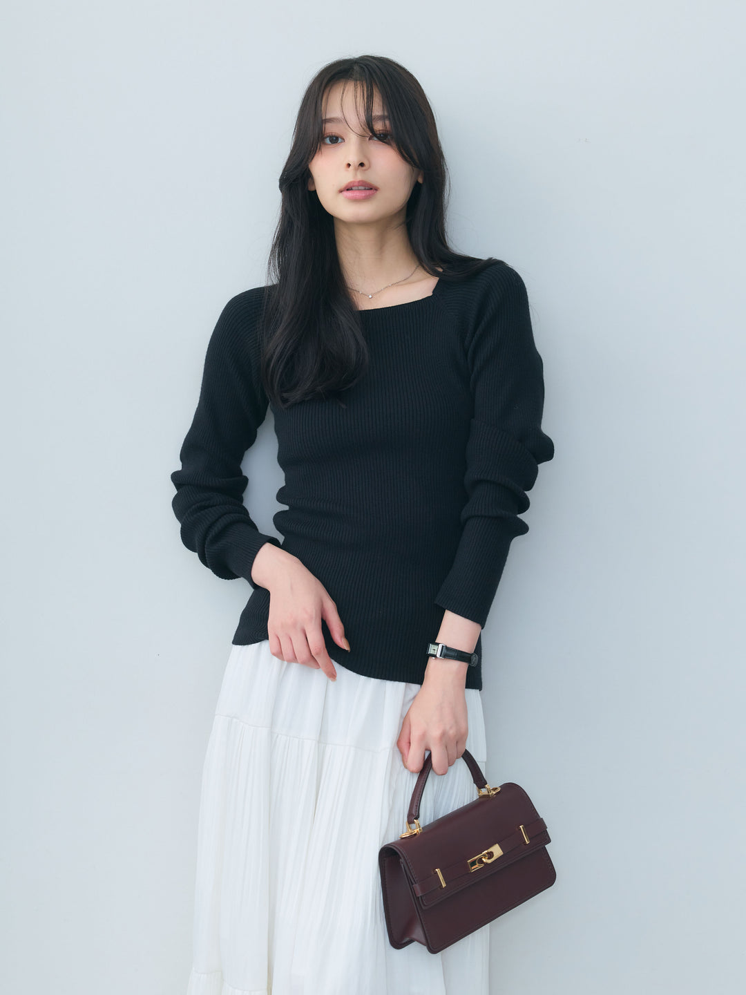 【SET】スクエアネックリブニットトップス+【Essential】Soft sheen tiered flare skirt(2set)