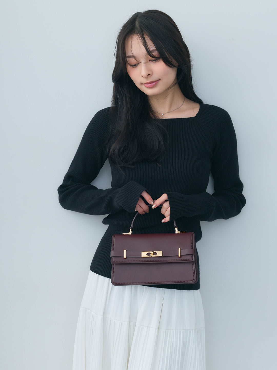 【SET】スクエアネックリブニットトップス+【Essential】Soft sheen tiered flare skirt(2set)