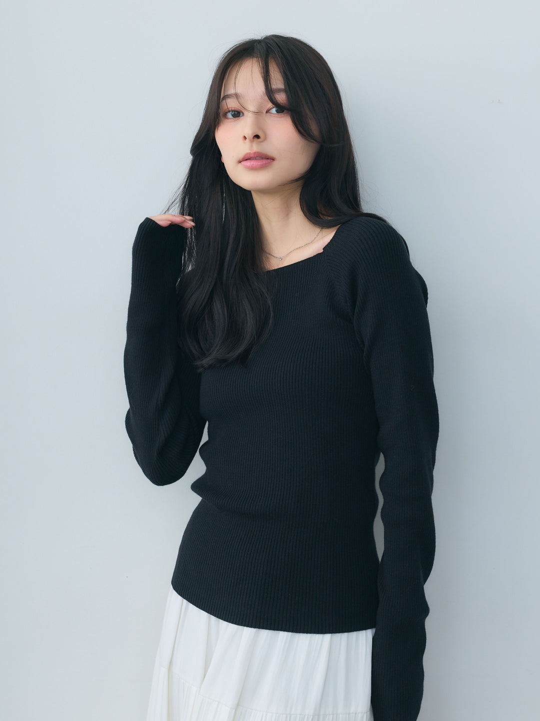 【SET】スクエアネックリブニットトップス+【Essential】Soft sheen tiered flare skirt(2set)