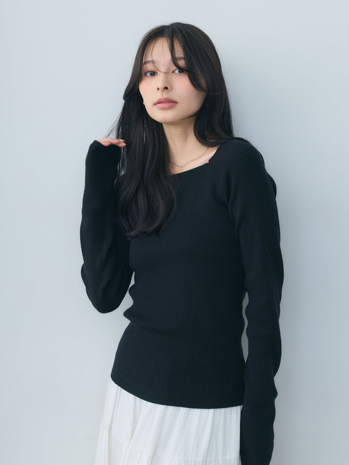 【SET】スクエアネックリブニットトップス+【Essential】Soft sheen tiered flare skirt(2set)
