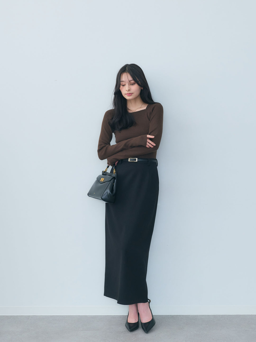 【SET】スクエアネックリブニットトップス+【Essential】Authentic wool like pencil skirt(2set)