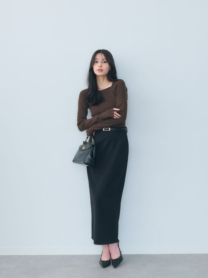 【SET】スクエアネックリブニットトップス+【Essential】Authentic wool like pencil skirt(2set)