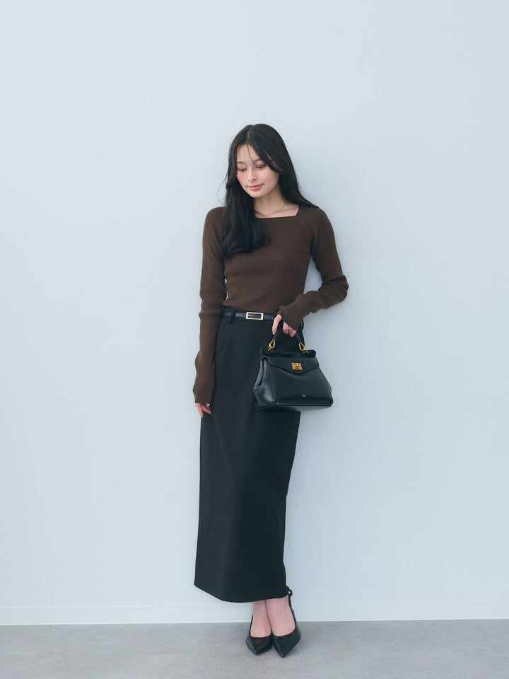 【SET】スクエアネックリブニットトップス+【Essential】Authentic wool like pencil skirt(2set)