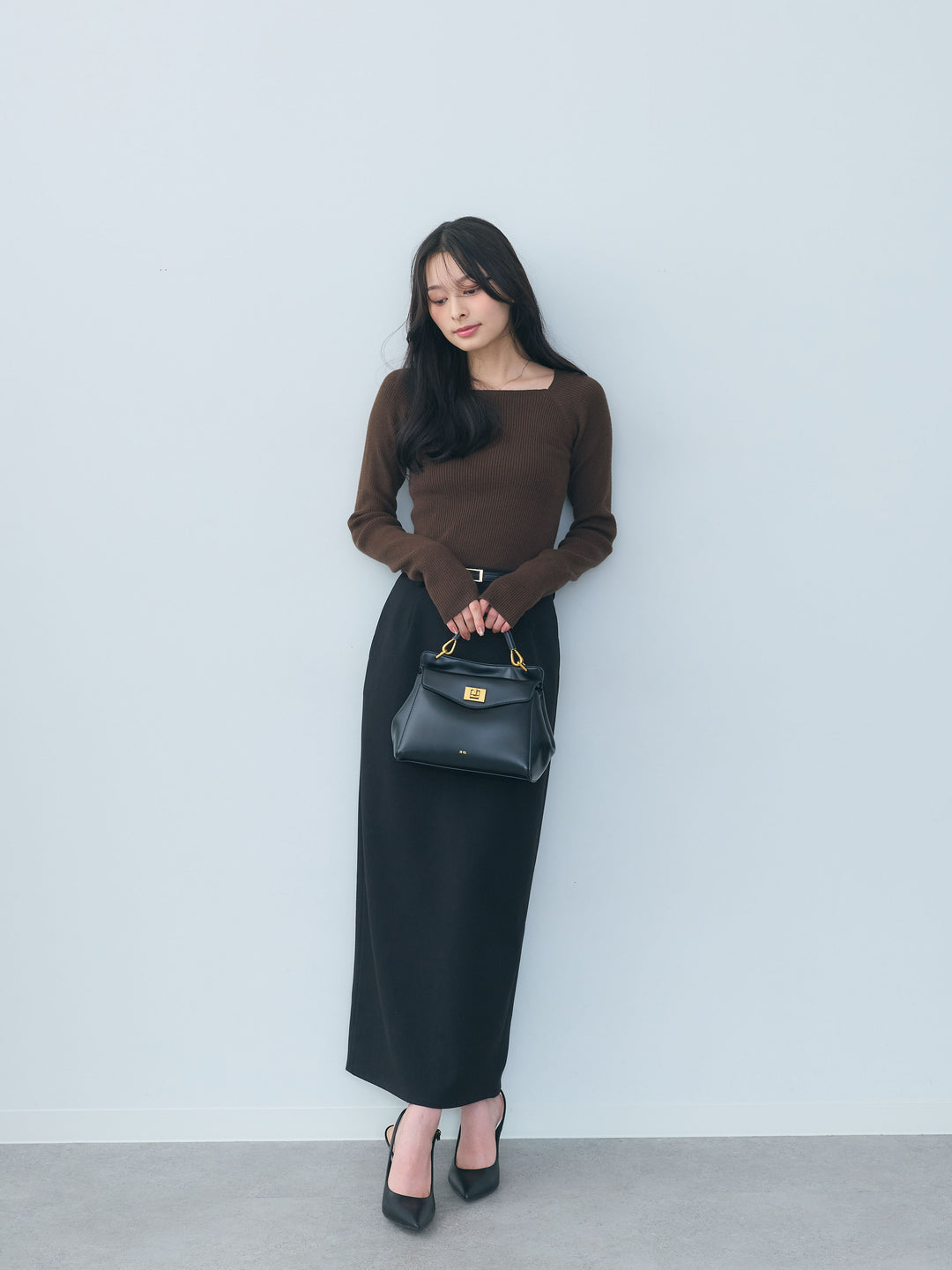 【SET】スクエアネックリブニットトップス+【Essential】Authentic wool like pencil skirt(2set)
