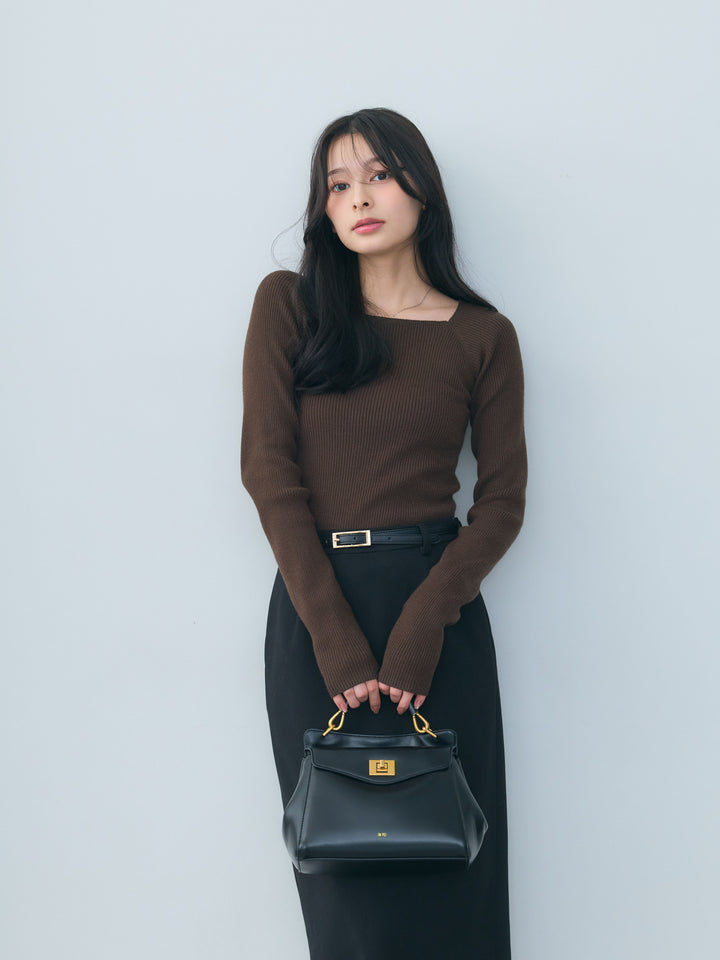 【SET】スクエアネックリブニットトップス+【Essential】Authentic wool like pencil skirt(2set)