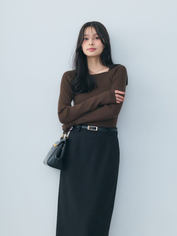 【SET】スクエアネックリブニットトップス+【Essential】Authentic wool like pencil skirt(2set)