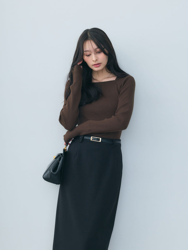 【SET】スクエアネックリブニットトップス+【Essential】Authentic wool like pencil skirt(2set)