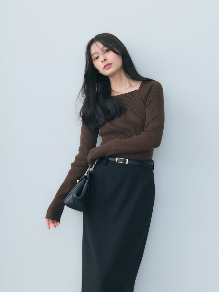 【SET】スクエアネックリブニットトップス+【Essential】Authentic wool like pencil skirt(2set)
