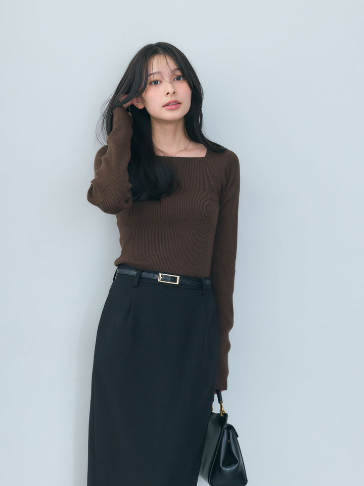【SET】スクエアネックリブニットトップス+【Essential】Authentic wool like pencil skirt(2set)