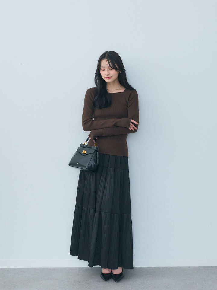 【SET】スクエアネックリブニットトップス+【Essential】Soft sheen tiered flare skirt(2set)