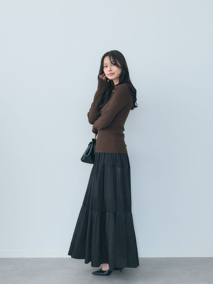 【SET】スクエアネックリブニットトップス+【Essential】Soft sheen tiered flare skirt(2set)