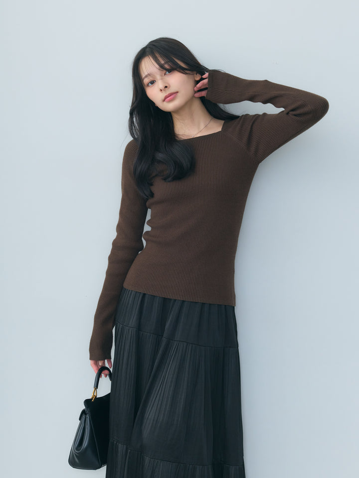 【SET】スクエアネックリブニットトップス+【Essential】Soft sheen tiered flare skirt(2set)