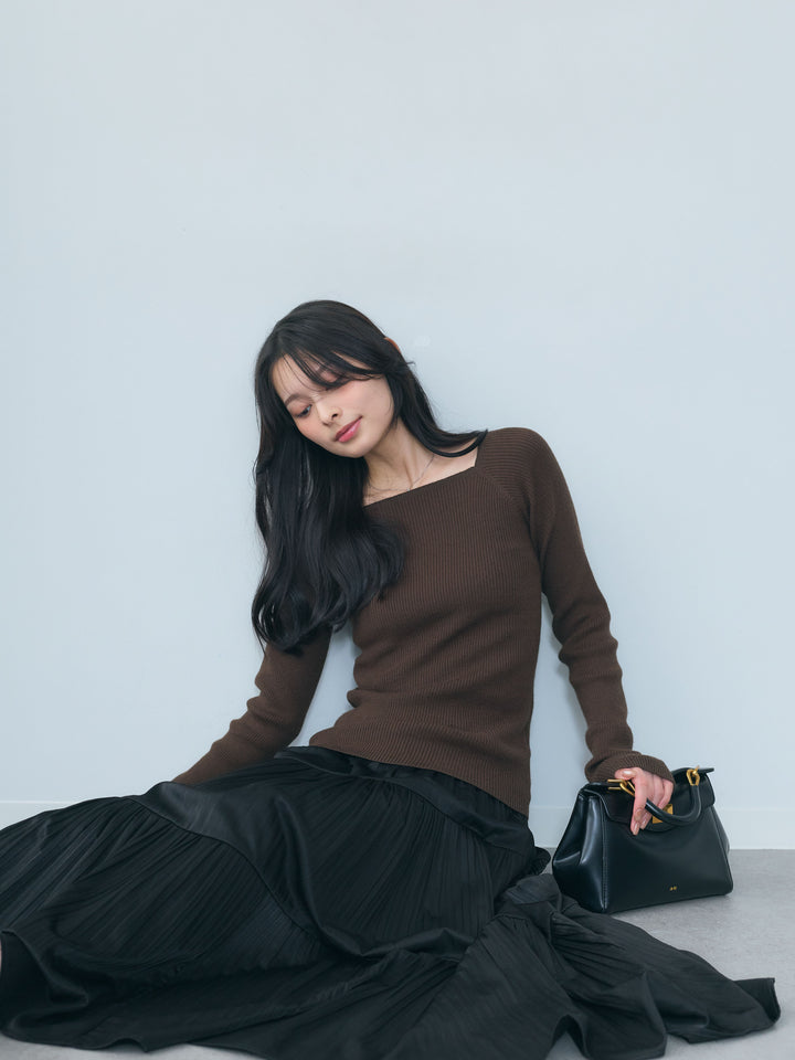 【SET】スクエアネックリブニットトップス+【Essential】Soft sheen tiered flare skirt(2set)
