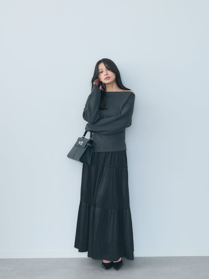【SET】ワンショルソフトタッチニットトップス+【Essential】Soft sheen tiered flare skirt(2set)