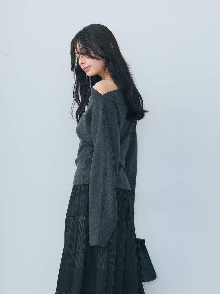 【SET】ワンショルソフトタッチニットトップス+【Essential】Soft sheen tiered flare skirt(2set)