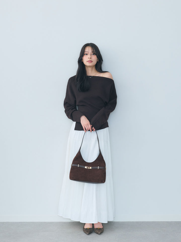 【SET】ワンショルソフトタッチニットトップス+【Essential】Soft sheen tiered flare skirt(2set)