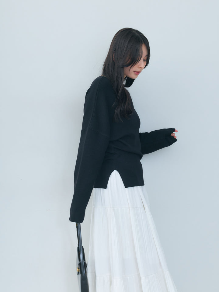 【SET】ワンショルソフトタッチニットトップス+【Essential】Soft sheen tiered flare skirt(2set)
