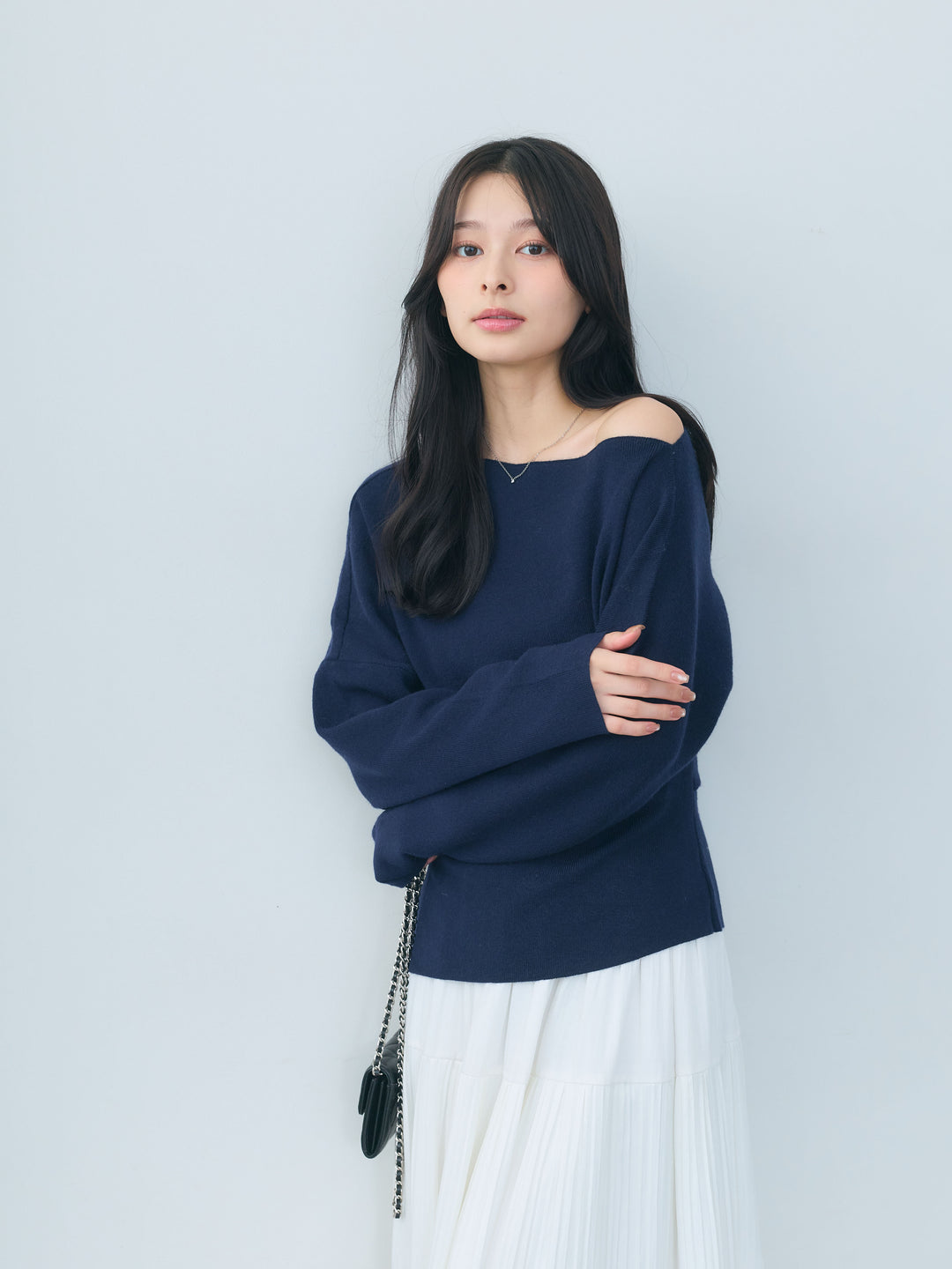 【SET】ワンショルソフトタッチニットトップス+【Essential】Soft sheen tiered flare skirt(2set)