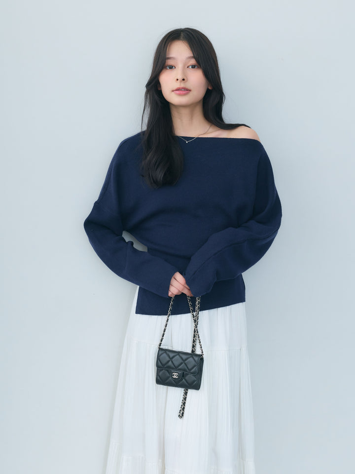 【SET】ワンショルソフトタッチニットトップス+【Essential】Soft sheen tiered flare skirt(2set)