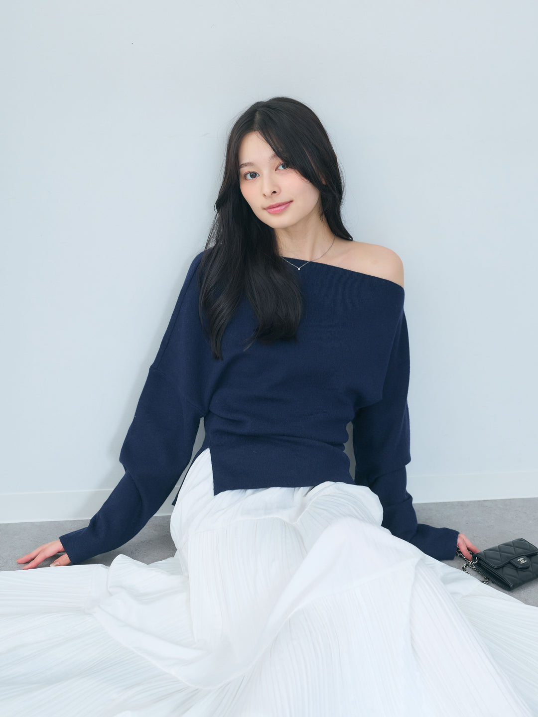 【SET】ワンショルソフトタッチニットトップス+【Essential】Soft sheen tiered flare skirt(2set)