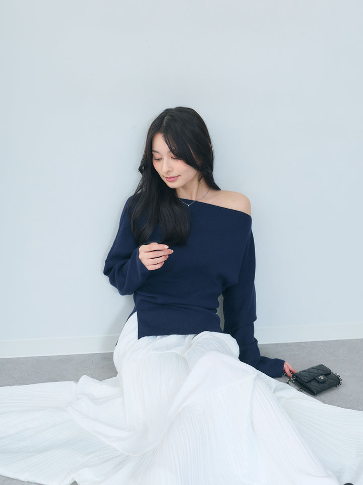 【SET】ワンショルソフトタッチニットトップス+【Essential】Soft sheen tiered flare skirt(2set)