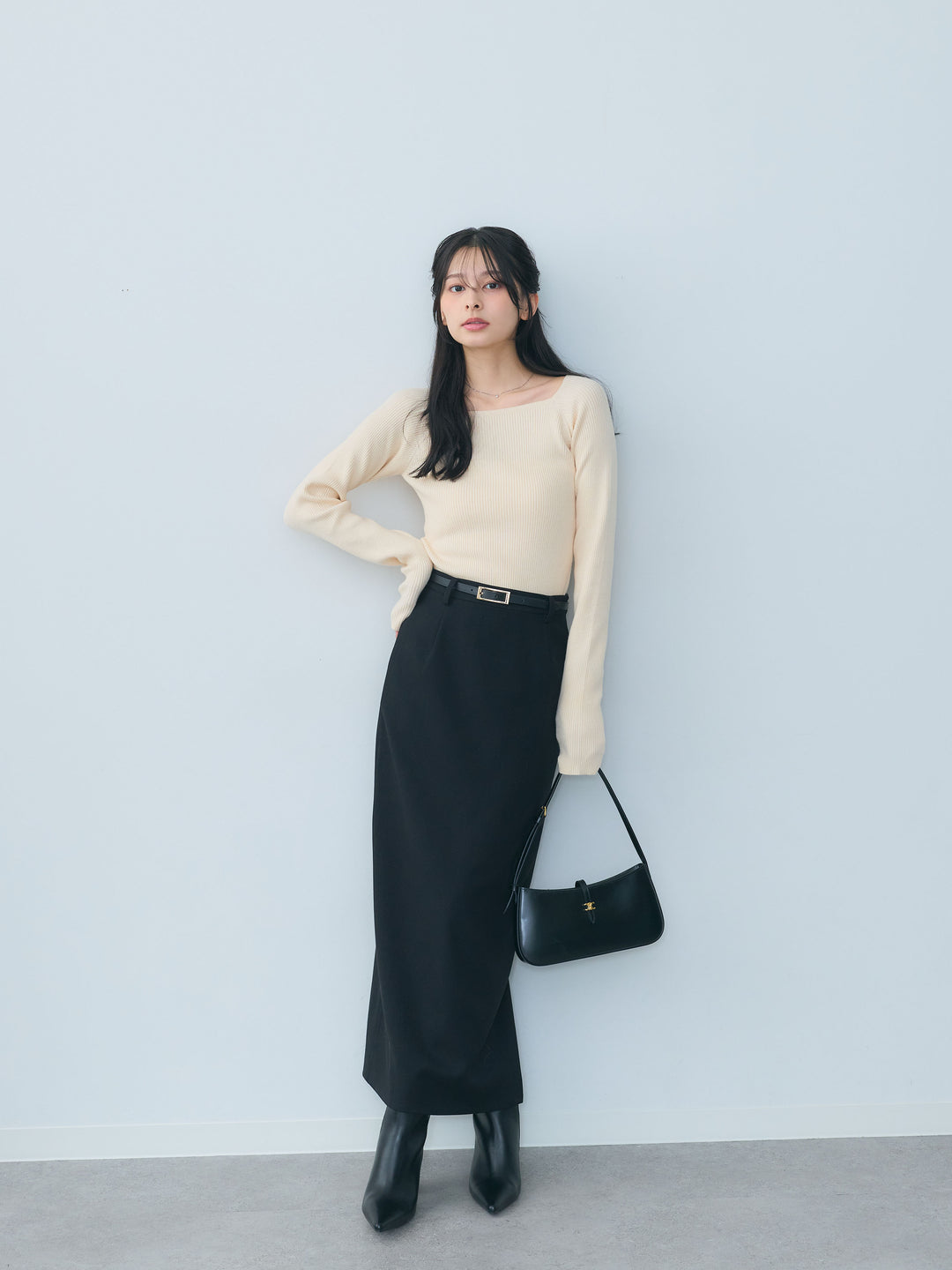 【SET】スクエアネックリブニットトップス+【Essential】Authentic wool like pencil skirt(2set)
