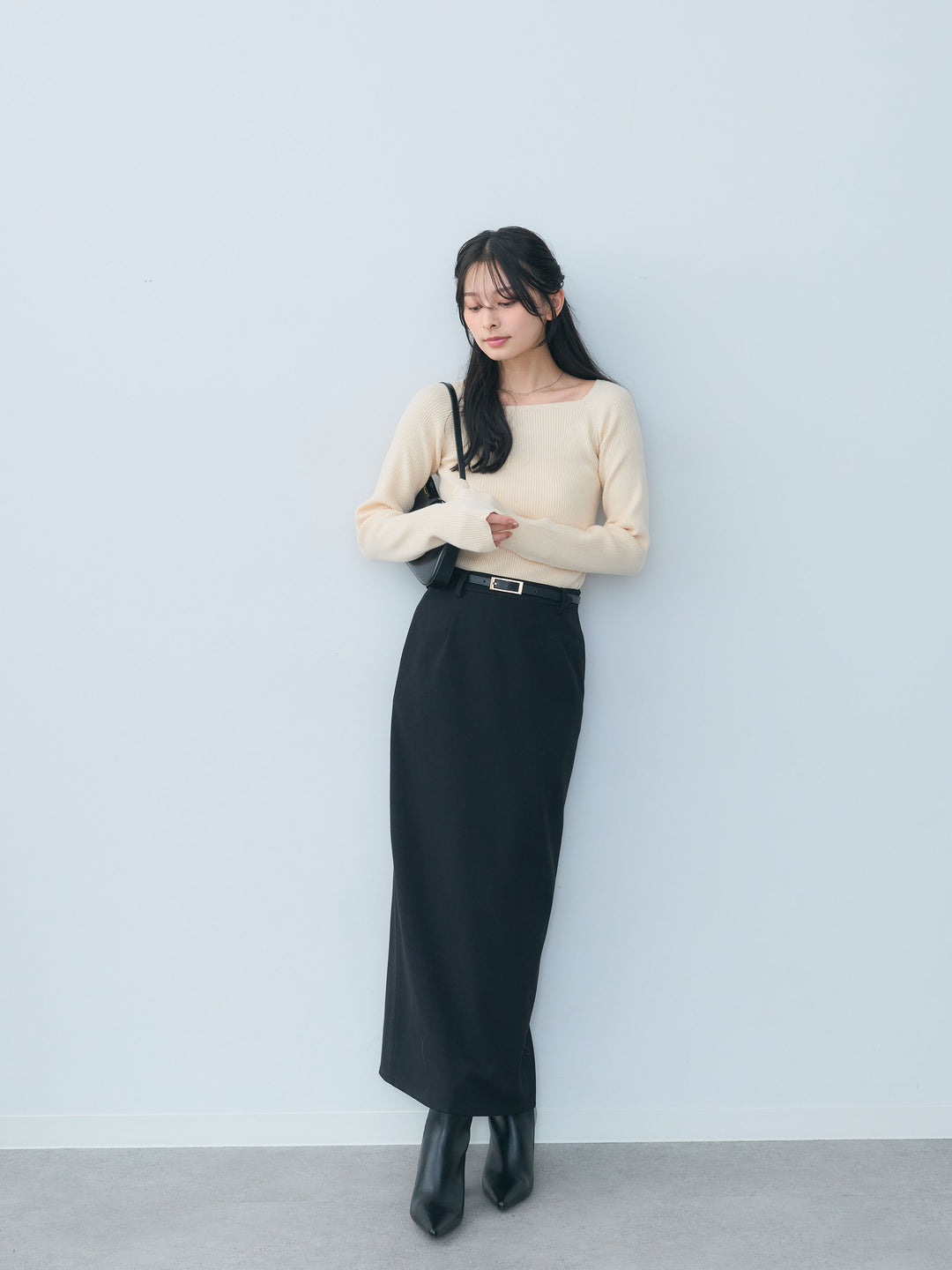 【SET】スクエアネックリブニットトップス+【Essential】Authentic wool like pencil skirt(2set)