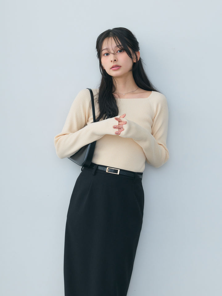 【SET】スクエアネックリブニットトップス+【Essential】Authentic wool like pencil skirt(2set)