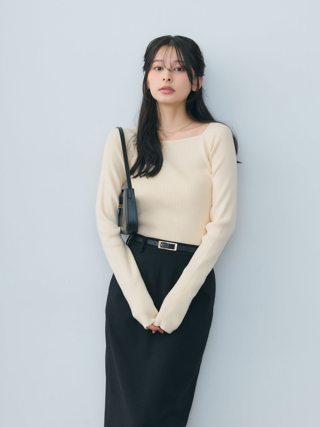 【SET】スクエアネックリブニットトップス+【Essential】Authentic wool like pencil skirt(2set)