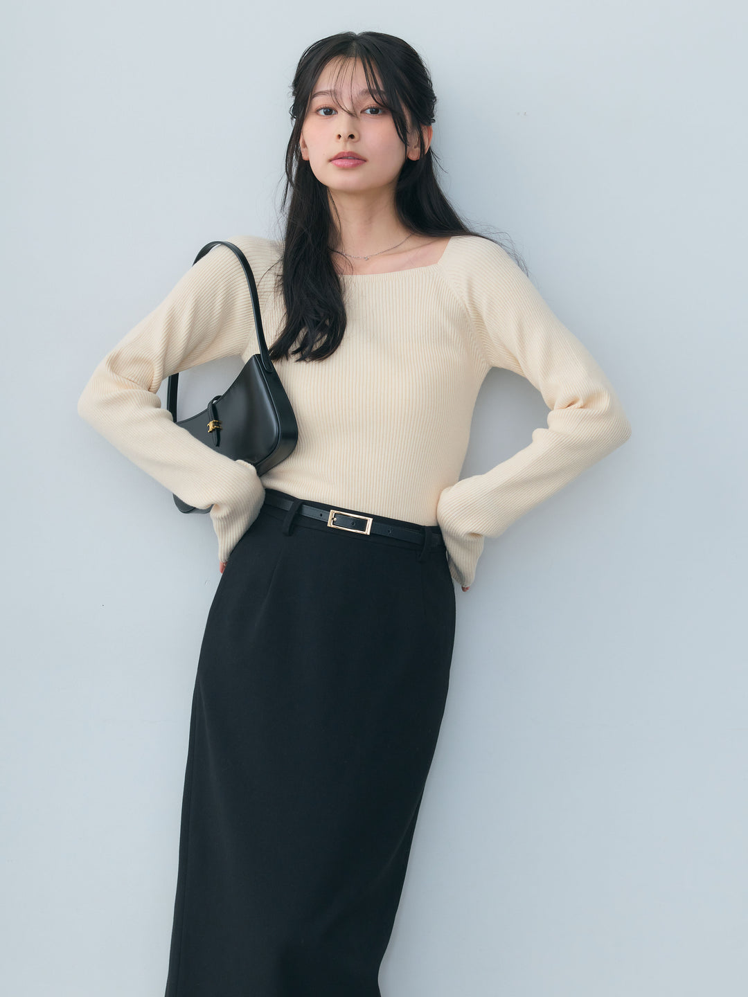 【SET】スクエアネックリブニットトップス+【Essential】Authentic wool like pencil skirt(2set)
