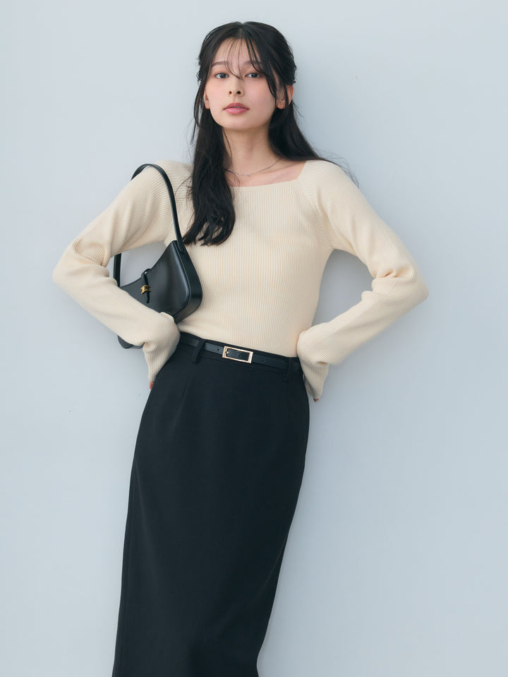 【SET】スクエアネックリブニットトップス+【Essential】Authentic wool like pencil skirt(2set)