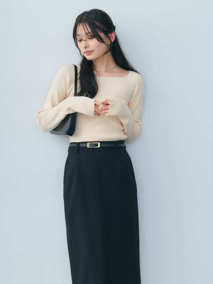 【SET】スクエアネックリブニットトップス+【Essential】Authentic wool like pencil skirt(2set)