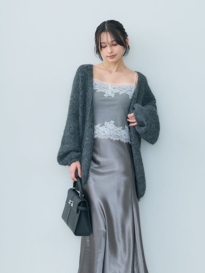 【SET】レースデザインカップ付きキャミソール+ナローAラインサテンスカート(2set)