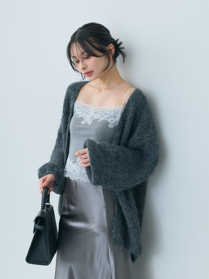 【SET】レースデザインカップ付きキャミソール+ナローAラインサテンスカート(2set)