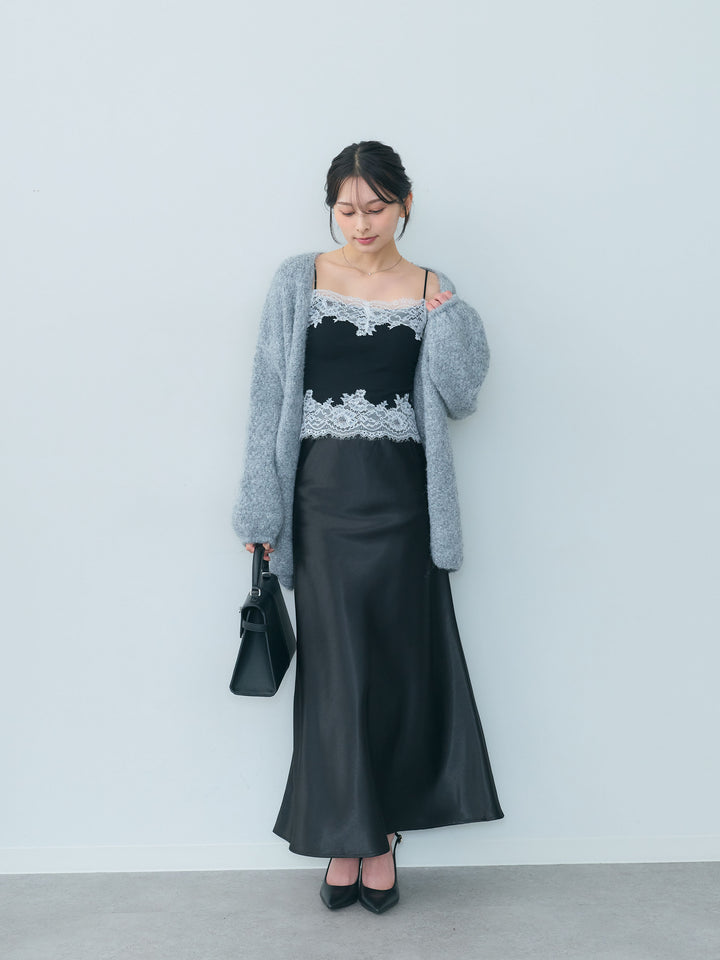 【SET】レースデザインカップ付きキャミソール+ナローAラインサテンスカート(2set)