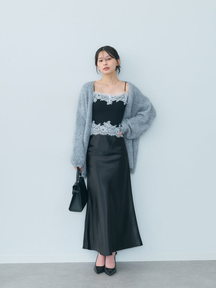 【SET】レースデザインカップ付きキャミソール+ナローAラインサテンスカート(2set)