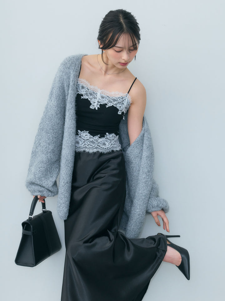 【SET】レースデザインカップ付きキャミソール+ナローAラインサテンスカート(2set)