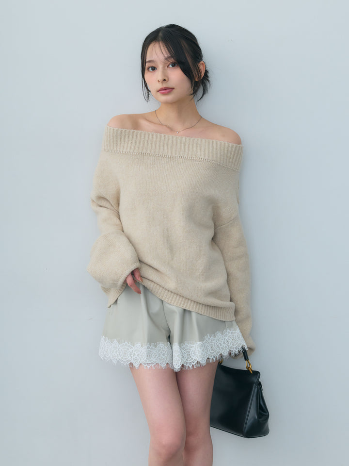 レースデザインレザーショートパンツ