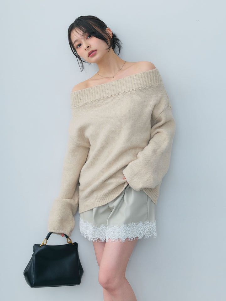 【SET】【Essential】Loose silhouette off shoulder knit tops+レースデザインレザーショートパンツ(2set)