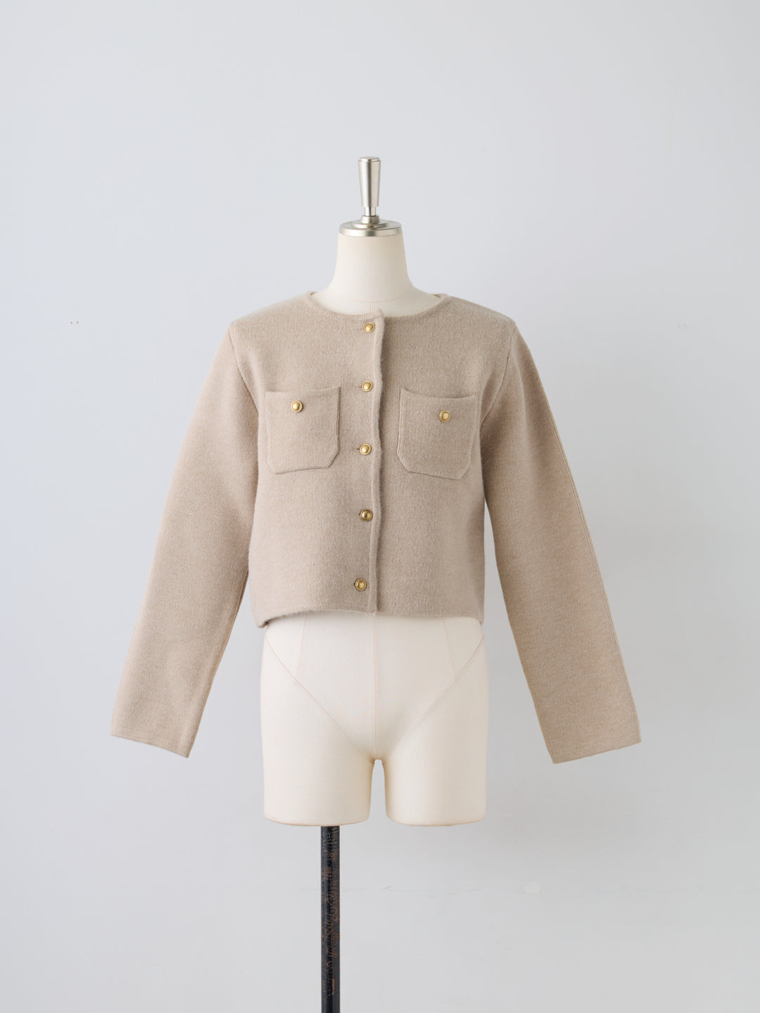 【Essential】Gold button short knit jacket