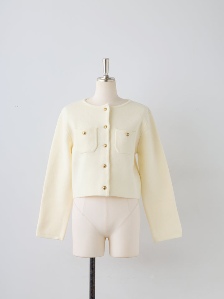 【Essential】Gold button short knit jacket